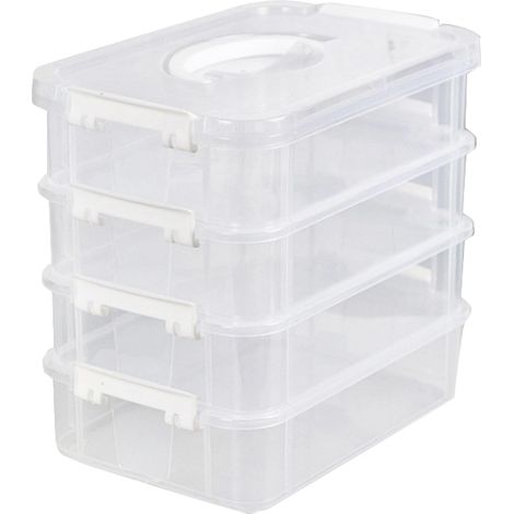 Boîte de Rangement Empilable à 4 Niveaux Organisateur de Blocs de Jouets de Bureau Transparent avec Couvercle pour Bureau de Chambre à Coucher (WHITE) (1/5)