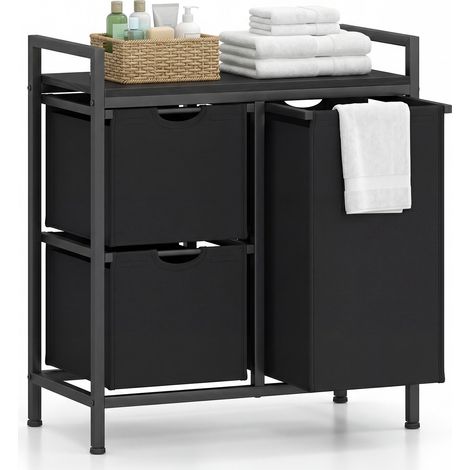 Panier à Linge 3 Bacs, Corbeille à Linge Sale avec Étagère, 3 Sac en Tissu Oxford Amovibles, 40 L+2 x 19 L, Cadre en Métal, Noir (1/5)