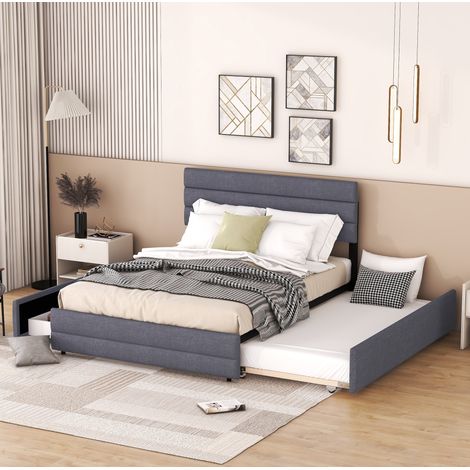Letto matrimoniale 140x200 cm in lino con 2 cassetti, grigio (1/5)