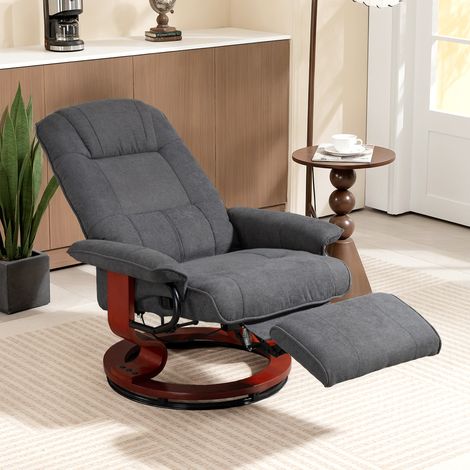 Fauteuil relax pivotant, aspect lin, fauteuil réglable manuellement avec pied en bois, repose-pieds, dossier haut, Gris (1/5)