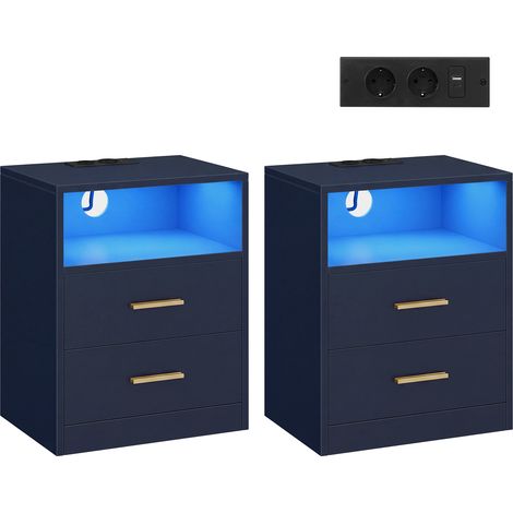 Lot de 2 Tables de Chevet avec Station de Charge et LED, 2 Tiroirs, 40,1 x 30 x 50,2 cm, Bleu Gris Foncé (1/5)