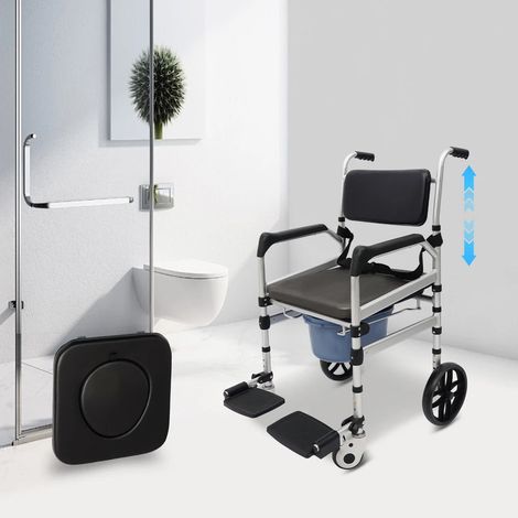 Klappbarer Duschstuhl mit Radern, höhenverstellbarer Duschstuhl aus Aluminium, Multifunktionsduschstühl, Betttoilette, Transportrollstuhl
