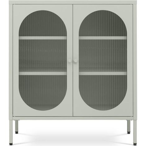 Metall-Sideboard Mit 2 Türen In Salbeigrün Und Geriffeltem Glas 80cm Eden