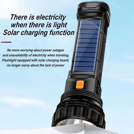 Lampe Torche - 1000 Lm - Batterie 1200 MAh Rechargeable USB et Solaire - Stroboscope et Mode SOS - IPX5 - 800 M (1/4)