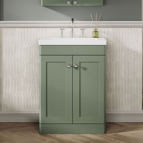 Nuie Classique Floor Standing 2-Door Vanity Unit with 3TH Contemporary Basin 600mm Wide - Satin Green (1/5)