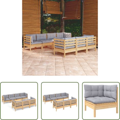 Terrassensofa - 8-tlg. Garten-Lounge-Set mit Grauen Kissen Kiefer Massivholz (1/5)