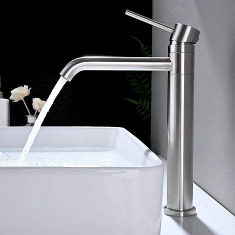 Mitigeur Lavabo Haut, Robinet Salle Bain Pivotant à 360°, Mitigeur pour Vasque a Poser, Robinet Lavabo en Acier Inoxydable, avec Bec Hauteur 204mm, Réglable Chaud et Froid, Argent Brossé (1/5)