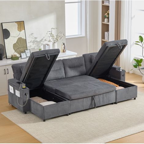 Canapé 272/136/86 cm en corduroy gris carbone avec 2 méridiennes, coffre et USB-Type-C (1/5)