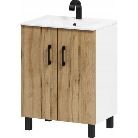 Mueble de baño Viki 50 con lavabo, roble artesanal, dorado/blanco (1/5)