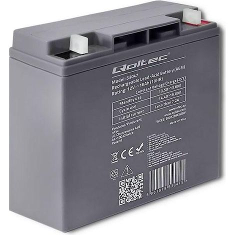 Qoltec 53047 AGM-Batterie 12 V 18 Ah robust grau