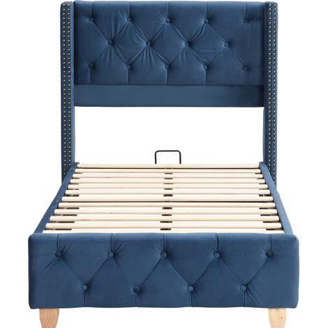 Cama capitoné 90x200 cm de terciopelo azul con somier de láminas y cabecero (1/5)