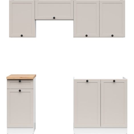 Cuisine complète 180 cm,Ensemble de meuble de cuisine coloris blanc/uni cachemire, plan de travail coloris Chêne doré inclus (1/4)