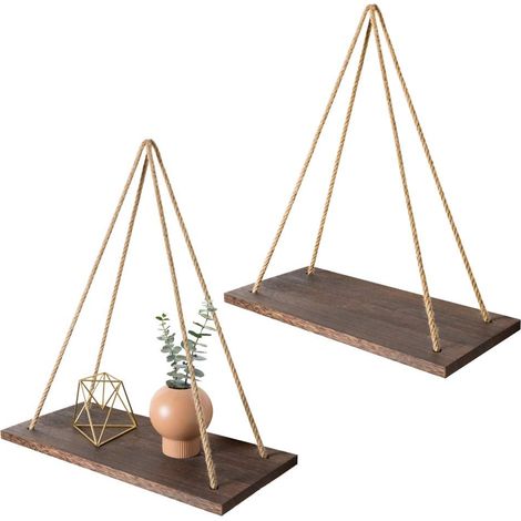 Etagere Murale - Bois Paulownia - Corde en Jute Naturelle - Style Rustique - Pour Salle De Séjour Bureau Ou Chambre - Lot De 2 (1/5)