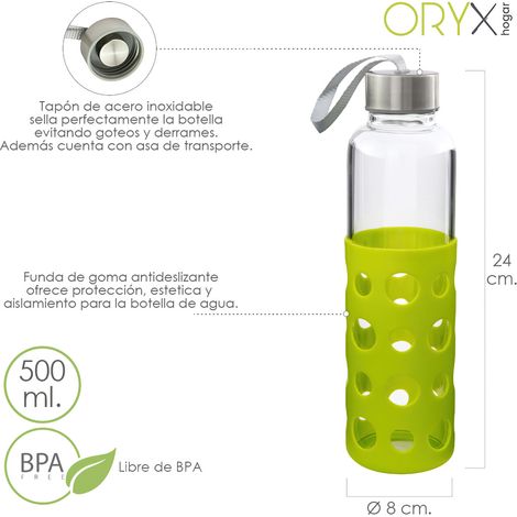 ORYX Borraccia in vetro con coperchio in gomma e tappo antigoccia, 500 ml, senza BPA