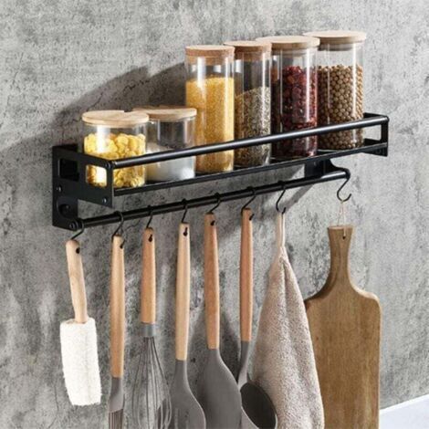 Acier inoxydable Porte Ustensiles Cuisine avec 8 Crochets, Adhésif/Perçage 2 Façons D'installer Support Rangement Ustensiles Cuisine,40cm Mural Ustensiles Cuisine Organiseur Rack, Noir (1/4)