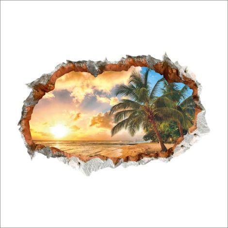 Autocollants muraux 3D HOLIDAY ISLAND (60x90 cm) Décor adhésif paysage plage océan mer palmiers Sticker mural pour salon cuisine (1/4)