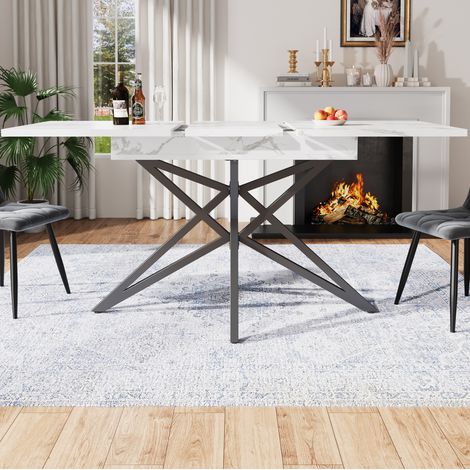 Ausziehbarer Esstisch 120/160x80x76 cm Weiß in MDF und Metall mit Marmoroptik und sternförmigem Gestell (1/5)