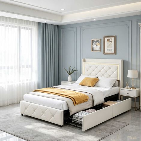 Letto imbottito 90x200 cm in velluto con cassetti, LED regolabile e USB Type-C, rete a doghe