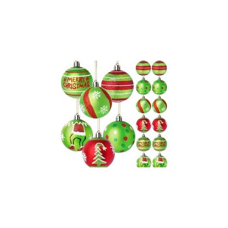 Set mit 12 funkelnden 6 cm großen Weihnachtskugeln zum Aufhängen von Baumschmuck, rote und grüne Weihnachtskugeln aus Kunststoff, im Elfenstil, für Heim-, Innen- und Weihnachtsdekorationen
