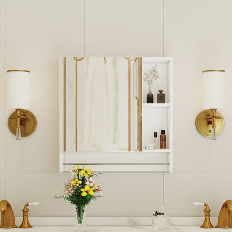 Armoire de salle de bain murale moderne en MDF blanc avec miroir et compartiments de rangement (1/5)