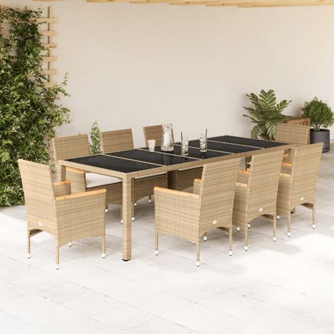 Set comedor jardín 9 pzas cojines ratán sintético vidrio beige vidaXL (1/5)