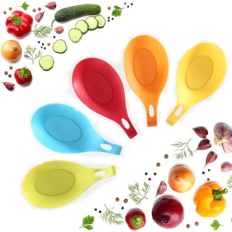 Porta-cucchiaio da cucina in silicone, flessibile, a forma di mandorla, da appoggiare sul piano di lavoro, facile da pulire, confezione da 5 pezzi in 5 colori. (1/5)