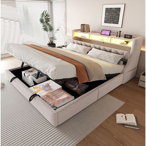 Polsterbett 180/200 cm Beige aus Samt mit LED, Stauraum und Kopfteil mit Steckdose (1/5)