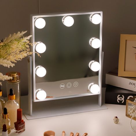 FENCHILIN Specchio Trucco con luci Specchio Trucco con Luce con 9 lampade LED Touch Screen Luci Regolabile a 360 Gradi Hollywood Specchio cosmetico Grande Specchio da Tavolo 10x ingrandente 25x30cm