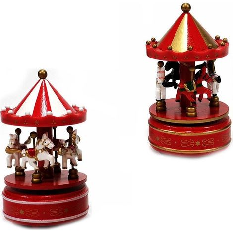 Coppia Giostre Carosello in Legno con Cavalli e Musica Carillon Natalizio Rotante da 20 cm – Decorazione e Idea Regalo Originale