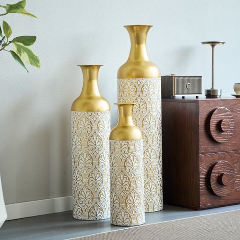 Ensemble de 3 grands vases de sol dorés (50/66/83 cm) – Grands vases décoratifs en métal à motif floral, pots pour plantes, parfaits pour décorer un salon, un couloir ou un bureau, dans un style vinta (1/5)