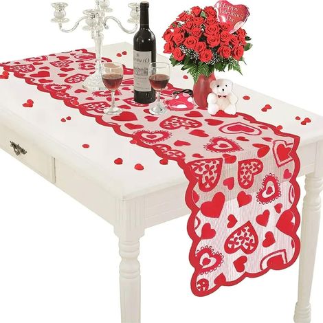 1 chemin de table en dentelle florale et cœur pour mariage et Saint-Valentin, ensemble de nappe rectangulaire rouge et tapis de salle à manger, décoration de maison (1/5)