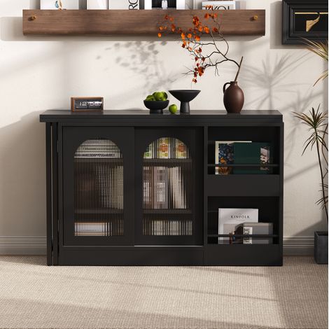Mesa bar extensible 121.5x40x76.7 cm negra en MDF con almacenaje y tablero giratorio 360° (1/5)