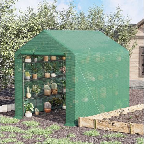 Serre de jardin tunnel avec 8 niveaux d’étagères, porte enroulable zippée, bâche PE verte, structure acier stable, idéale pour vos cultures – CHICFURN (1/5)