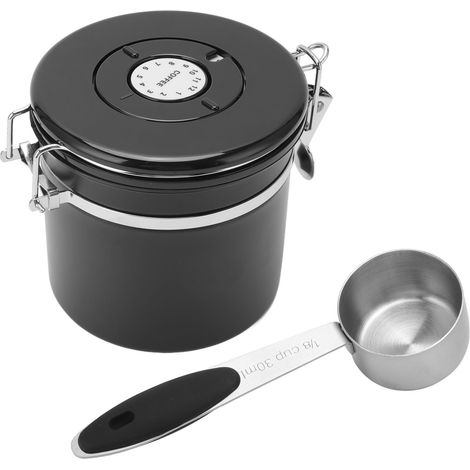 Boîte de conservation pour grains de café en acier inoxydable, hermétique, avec cuillère doseuse de 30 ml et fonction de suivi de la date. Capacité : 1,2 L, couleur noire. (1/5)
