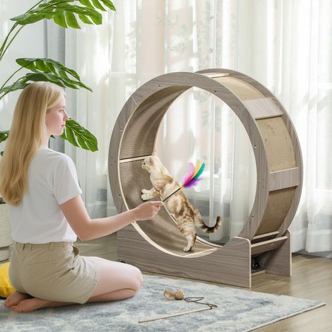 Roue d'exercice pour chat roue de course pour chat frein sécurisé et tapis de grattage amovible silencieux 91 cm marron
