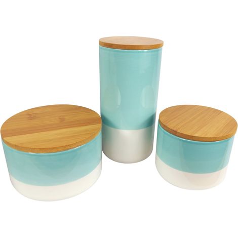 Set of Three Canisters Aqua Green Ceramic Storage Jars with Lids (1/5)
