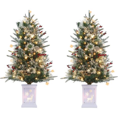 Lot de 2 Sapins de Noël Artificiels Floqués 90 cm avec 78 LED, Baies Rouges & Socle Motif Rennes – Décoration Intérieure pour Salon, Cheminée, Chambre ou Bureau – Spécificité : Rennes (1/5)