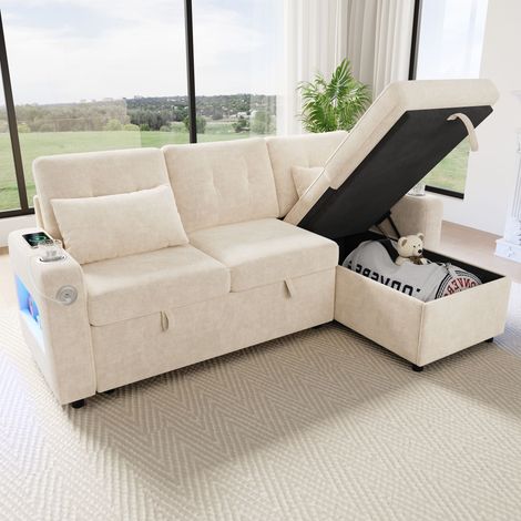 Divano letto angolare a L, 206x131x85 cm, montaggio reversibile, contenitore, USB/Type-C, LED, ciniglia beige (1/5)