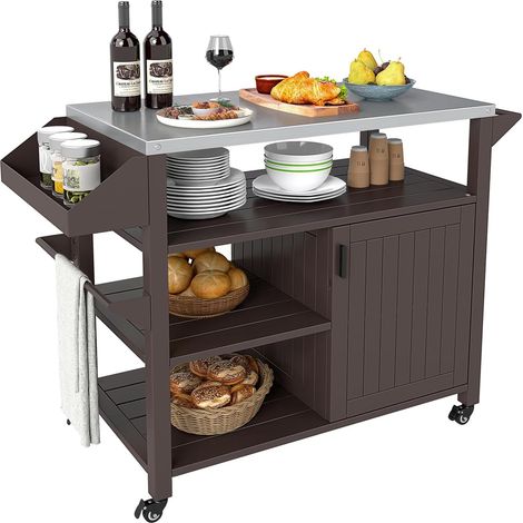 Goplus – Desserte de jardin avec plan de travail en acier inoxydable – 4 roulettes pivotantes – 3 étagères et porte-épices – Dimensions 116x50x87 cm (1/5)
