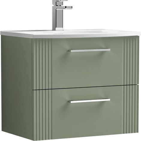 Belvide Partial Fluted 2 Drawer Wall Hung Vanity Unit with 1 Tap Hole Curved Basin- 600mm - Satin Green
