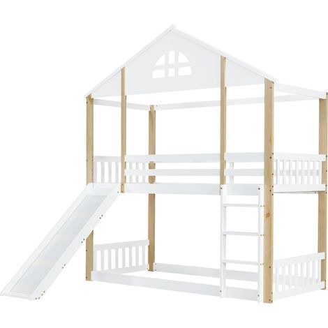 Kinder-Hochbett mit Fenstern, Rutsche und 3-stufiger Treppe 90 x 200 cm weiß und natur (1/5)