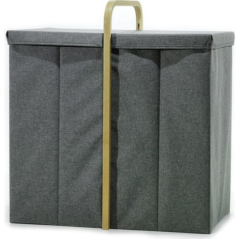 Cesta Portabiancheria Ordinet Pieghevole 2 Scomparti in tessuto con manico in Legno di Bambù, Cesto Lavanderia Salvaspazio con Coperchio per Giochi e Vestiti, L50xP36xH65cm, GRIGIA (1/5)
