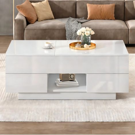 Tavolino da salotto rialzabile 100x45x43 cm in pannelli di legno bianchi, con contenitore FloraGrace (1/5)