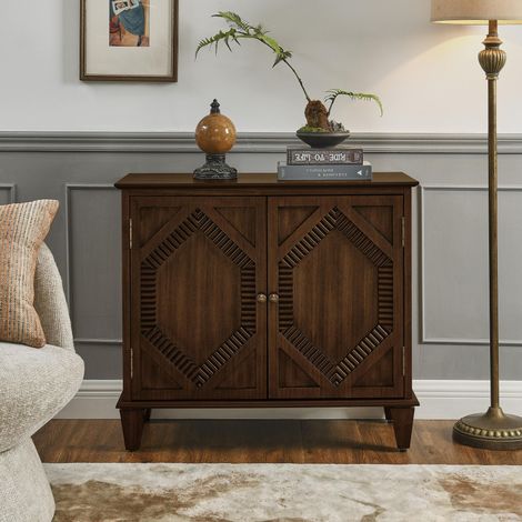 Buffet bas vintage 85,3x40x76,5 cm,façades géométriques rainurées,étagère réglable,MDF P2,4 pieds en bois massif,effet noyer (1/5)