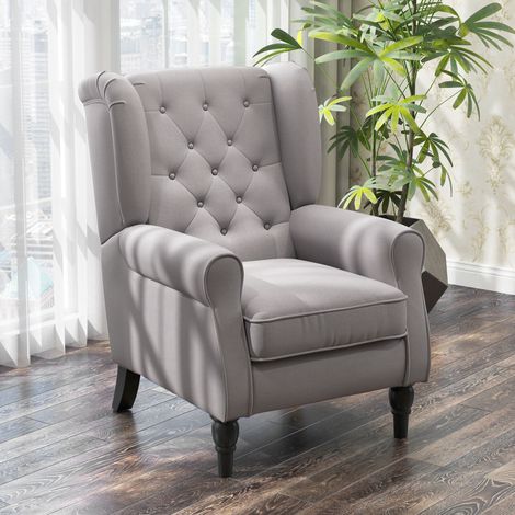 Mobilier Fauteuil de salon capitonné avec assise large pieds en bois style classique grand confort 74 x 86 x 102 cm - gris