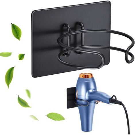 Support Seche Cheveux, Porte seche cheveux Mural Noir, Support Sèche cheveux Sans Percage,Support Mural seche Cheveux Convient (1/5)