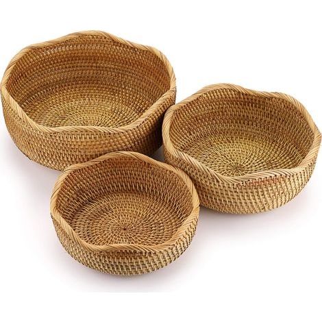 Panier de service 3 pièces, panier à fruits, panier en osier pour biscuits, pain, fruits (rond, ondulé) (1/5)