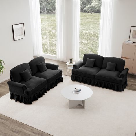 4-Sitzer-Panorama-Designer-Ecksofa, eleganter mittelalterlicher Stil, Chenille-Bezug, abnehmbarer Faltenrock, verschiebbarer Hocker – Schwarz