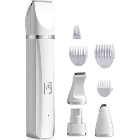 Tondeuse électrique pour poils de chien, 4 en 1, sans fil, silencieuse, disque diamant, 7 accessoires, pour pelages denses, couleur blanche.-AquaForge (1/5)