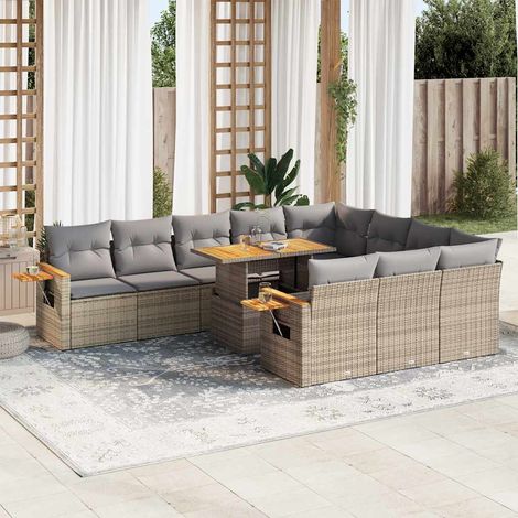 Salon de jardin 11pcs avec coussins beige résine tressée acacia (1/5)